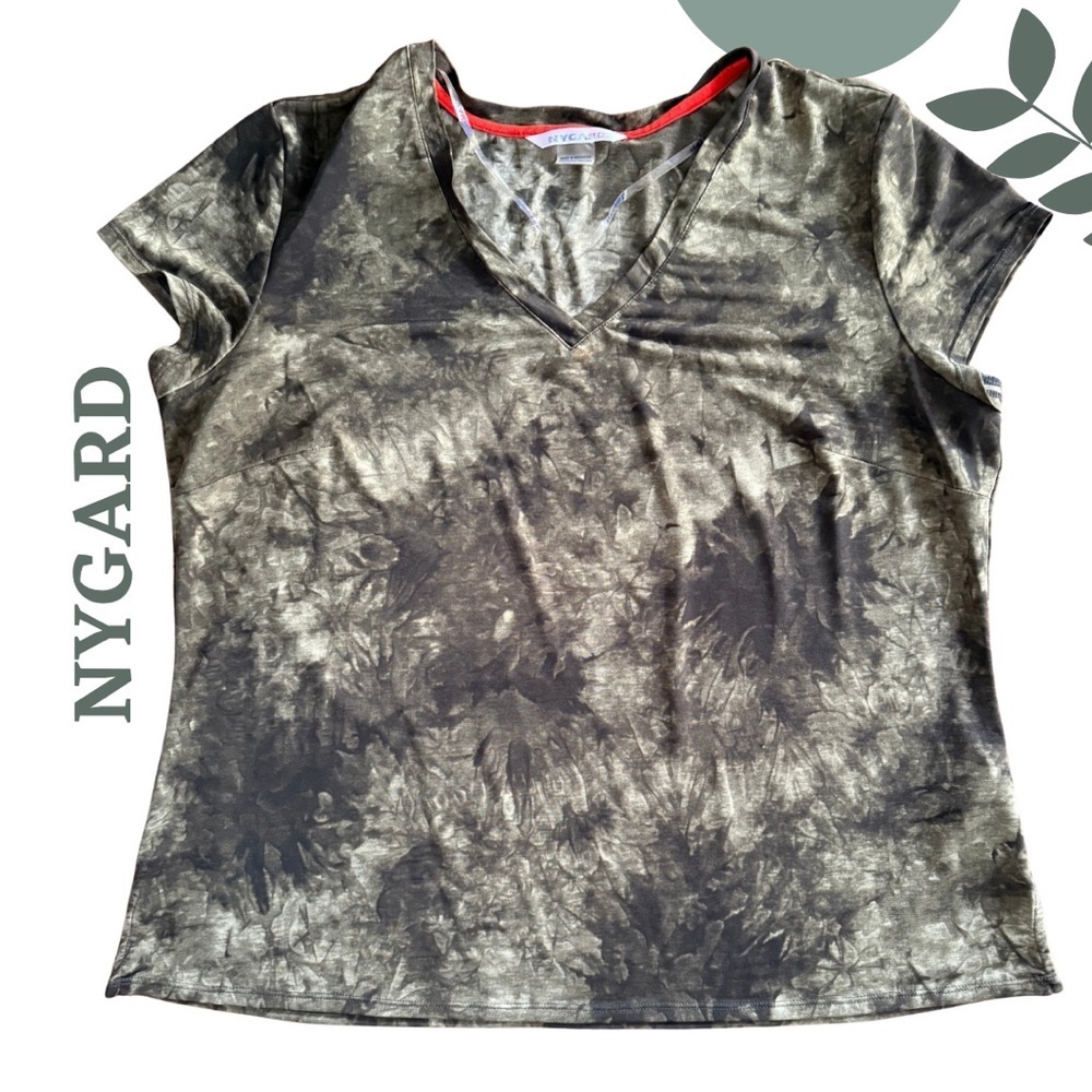 NYGARD Tie Dye V Neck Top XL Olive Green Stretch Tee - Picture 2 of 7